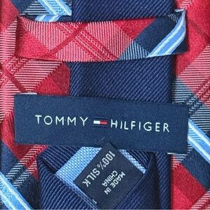 Tommy Hilfiger Red Blue Plaid 100% Silk Tie